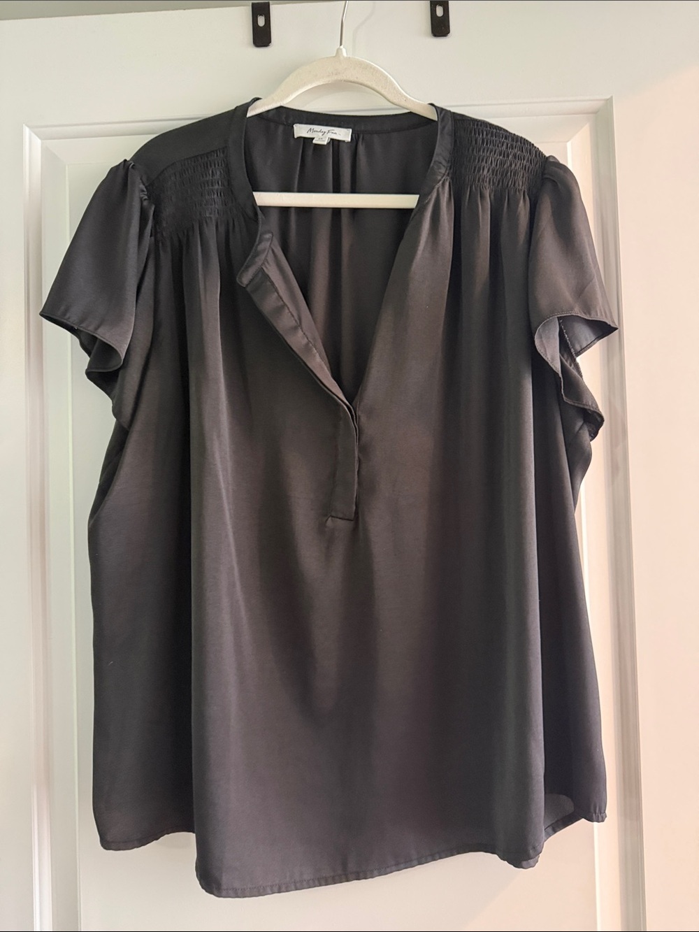 Atmosphere Black Short Flutter Sleeve V-Neck silky Blouse